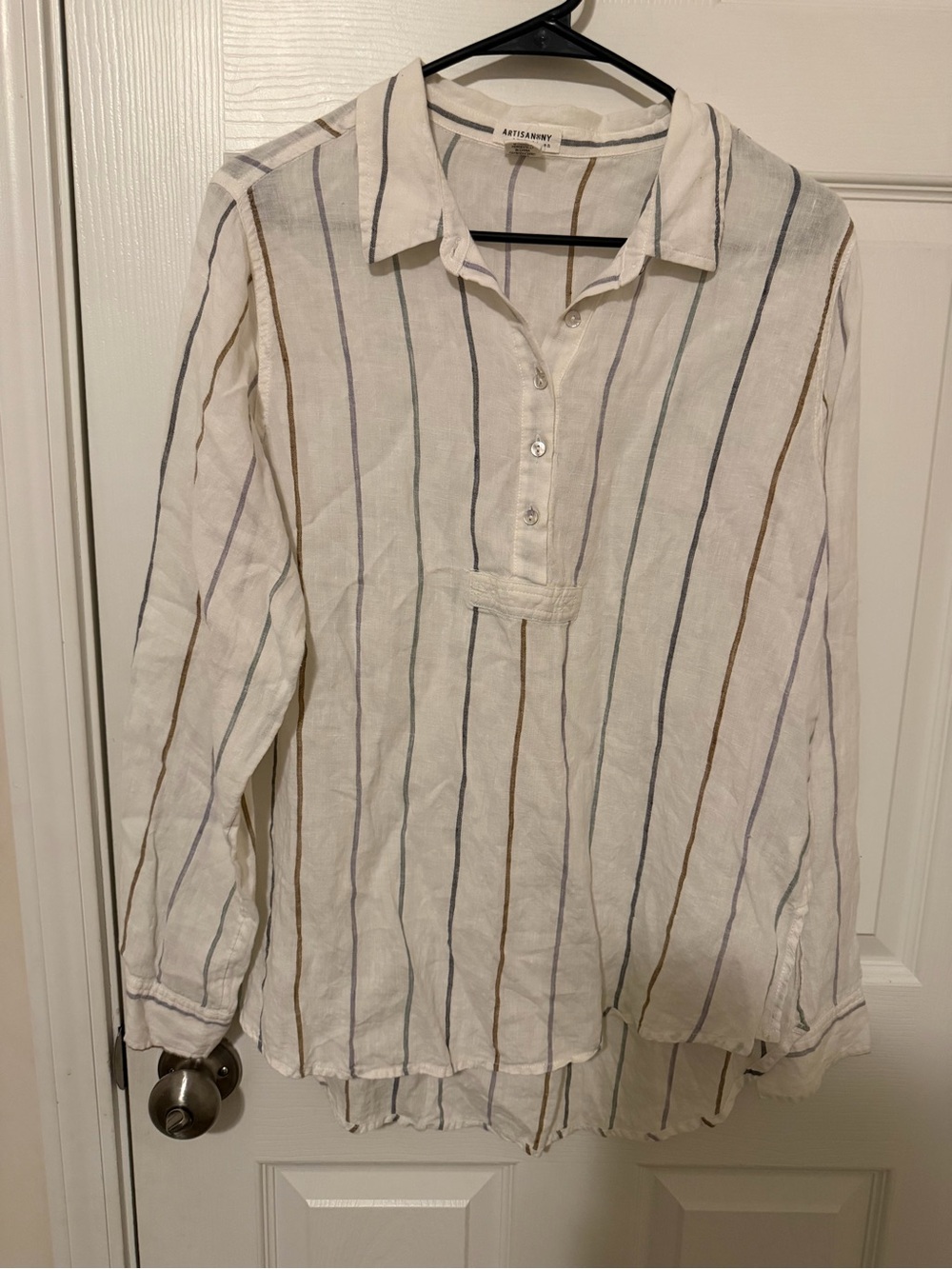 Artisan Ny White 100% Linen Top with Subtle Stripe Detail